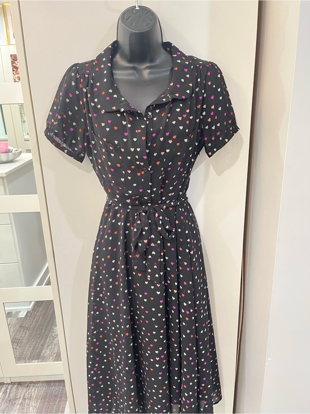 Love Black Midi Dress with Pink and Red Heart Print